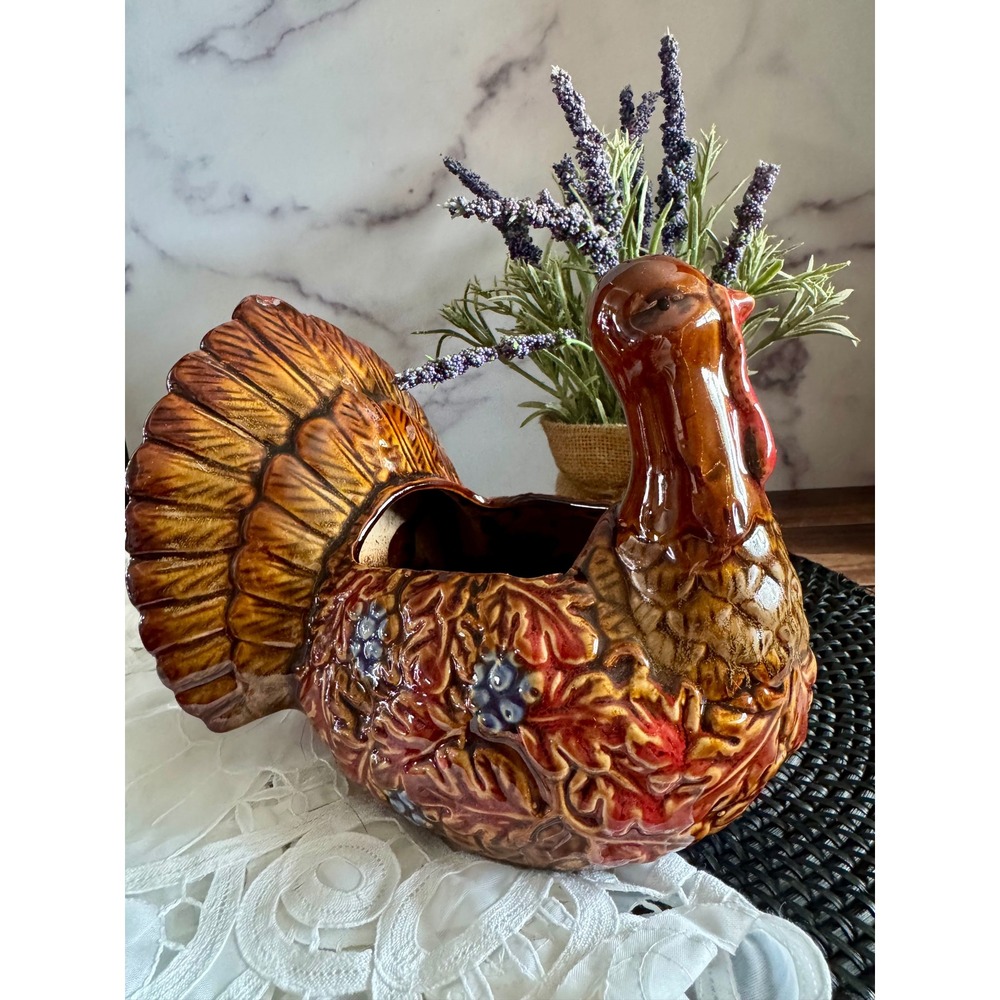 Vintage Ceramic Turkey Planter Harvest Thanksgiving Majolica Style Decor Brown